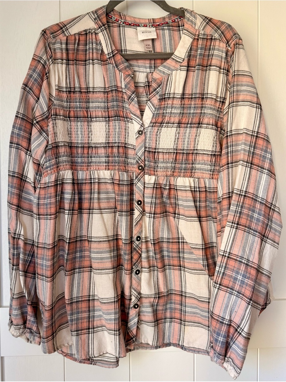 Button-Front Plaid Peasant Blouse in Coral, Black and Grey